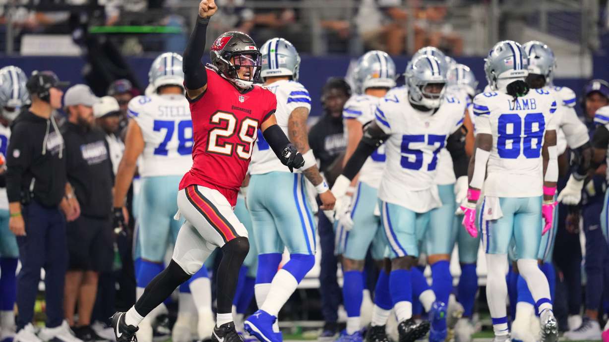 Tampa Bay Buccaneers safety Miles Killebrew (29) celebrates after the Buccaneers recovered a fumbled kickoff return by the Dallas Cowboys in the second half of an NFL football game in Arlington, Texas on Thursday, Oct. 8, 2026.