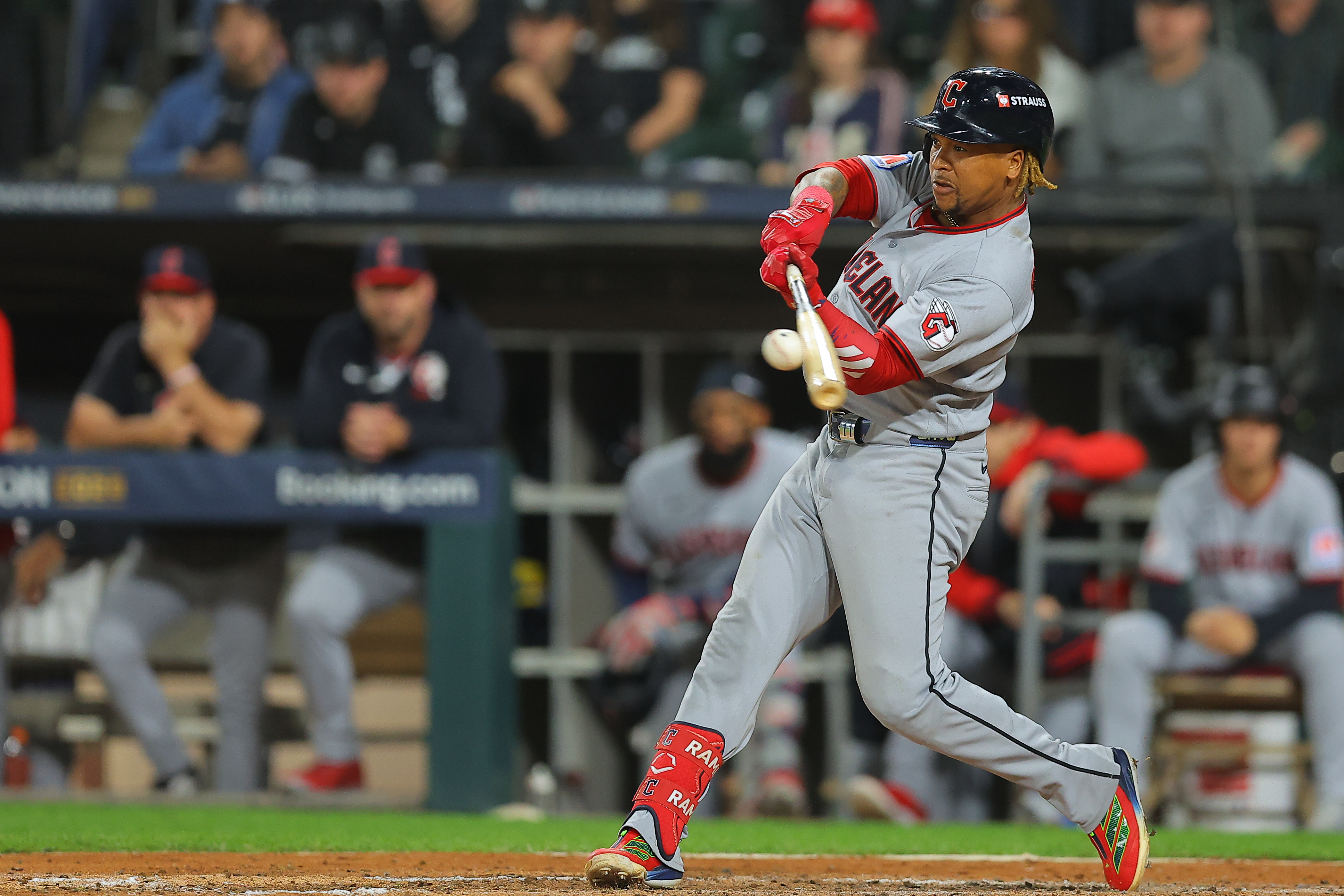 Cleveland Guardians' Jose Ramirez hits a 2-run home run during the fifth inning in Game 4 of baseball's American League Division Series against the Chicago White Sox, Thursday, Oct. 8, 2026, in Chicago. 