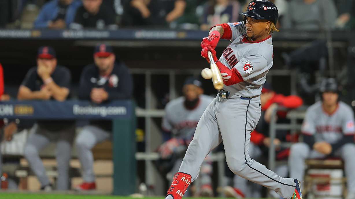 Cleveland Guardians' Jose Ramirez hits a 2-run home run during the fifth inning in Game 4 of baseball's American League Division Series against the Chicago White Sox, Thursday, Oct. 8, 2026, in Chicago.
