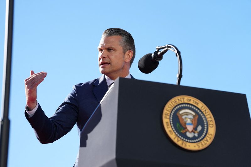 Defense Secretary Pete Hegseth gestures as he speaks during an event at Sparrows Point Shipyard, in Baltimore County, Md., Monday. Hegseth said Thursday that the Pentagon will livestream the execution of Nidal Hasan.