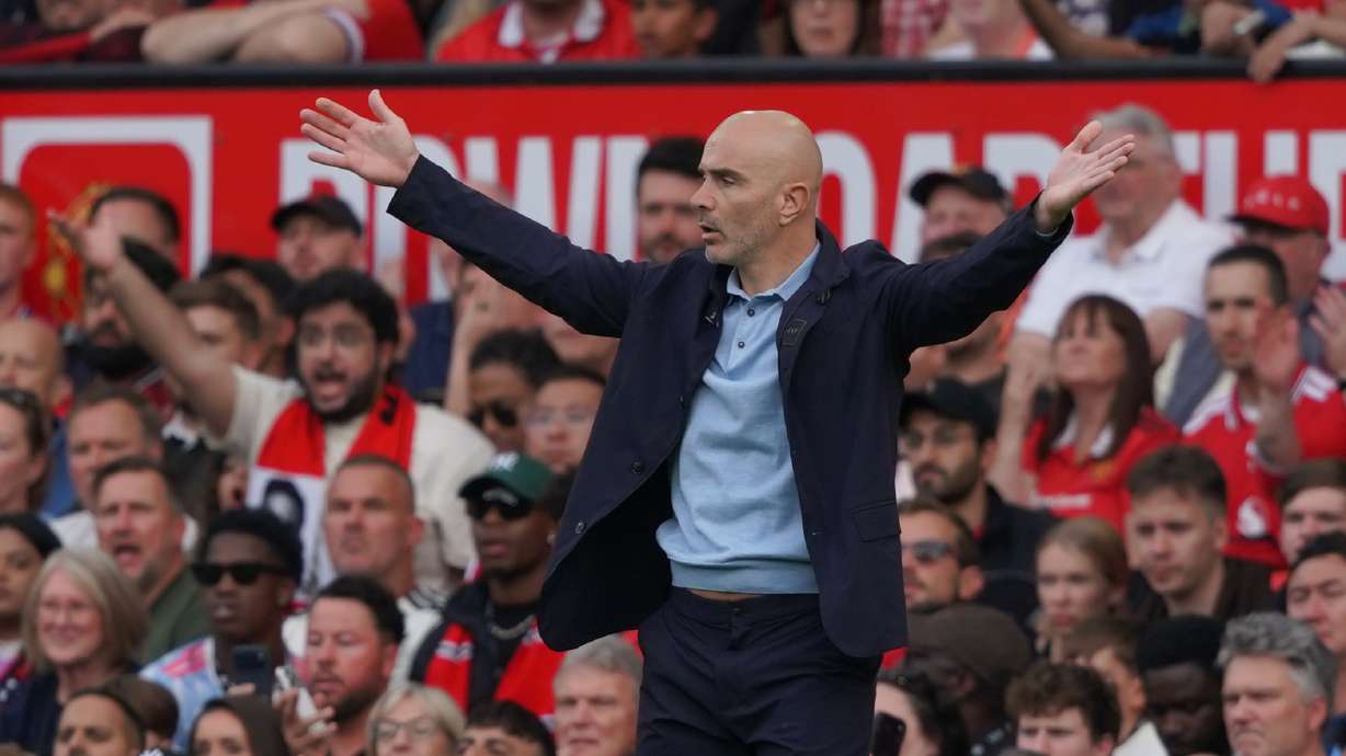 Manchester City's head coach Enzo Maresca gestures during the English Premier League soccer match between Manchester United and Manchester City in Manchester, England, Sunday, Sept. 13, 2026.