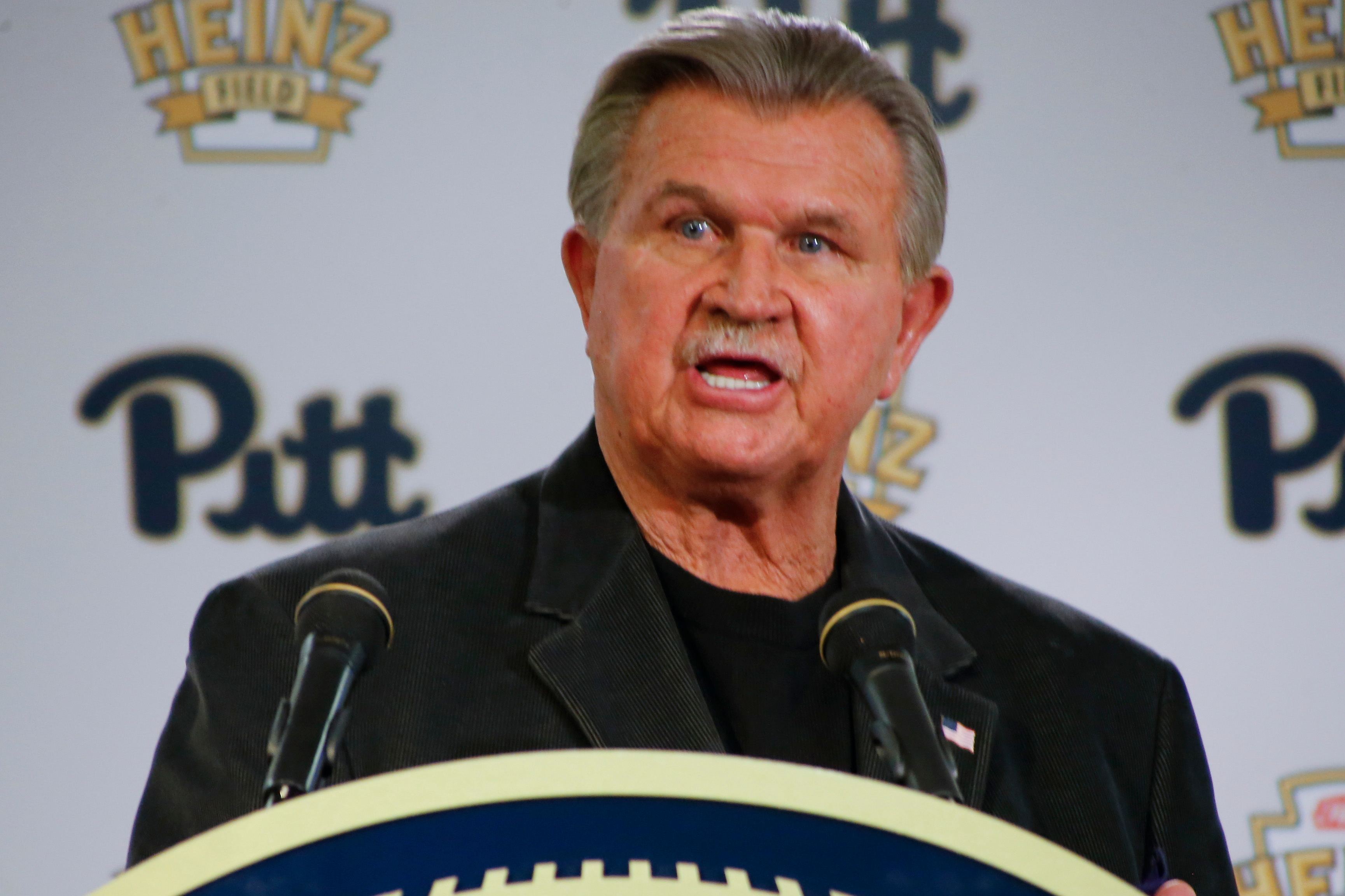 Former NFL coach and University of Pittsburgh alumnus Mike Ditka speaks at a news conference, Nov. 7, 2015, in Pittsburgh. Ditka died on Friday at the age of 86.