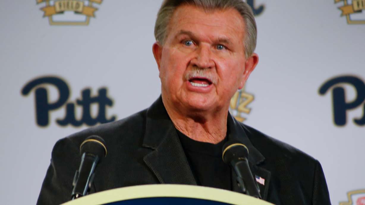 FILE - Former NFL coach and University of Pittsburgh alumnus, Mike Ditka speaks at a news conference for the retirement of the number 75 jersey for former Pittsburgh offensive lineman Jim Covert before an NCAA football game between the Pittsburgh and the Notre Dame, Saturday, Nov. 7, 2015 in Pittsburgh.