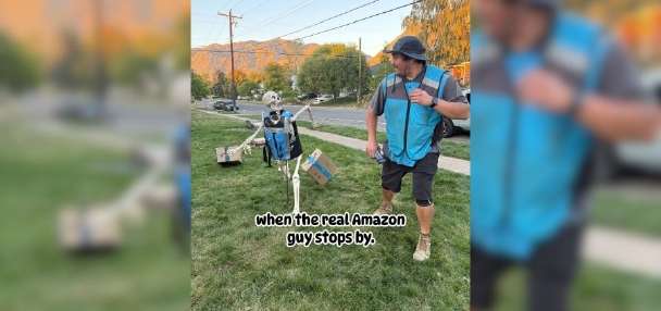 Have You Seen This? 'Ogden Skeleton Man' poses latest creation as Amazon driver