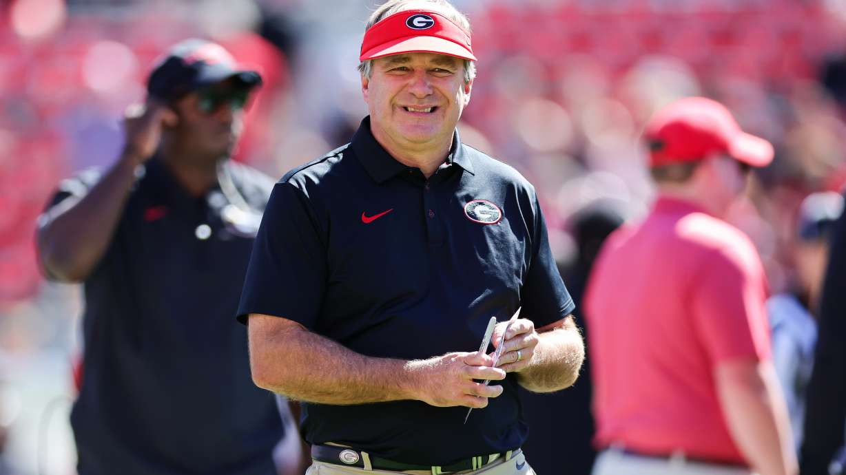 Georgia head coach Kirby Smart reacts during warm ups before an NCAA college football game against Oklahoma, Saturday, Sept. 26, 2026, in Athens, Ga.