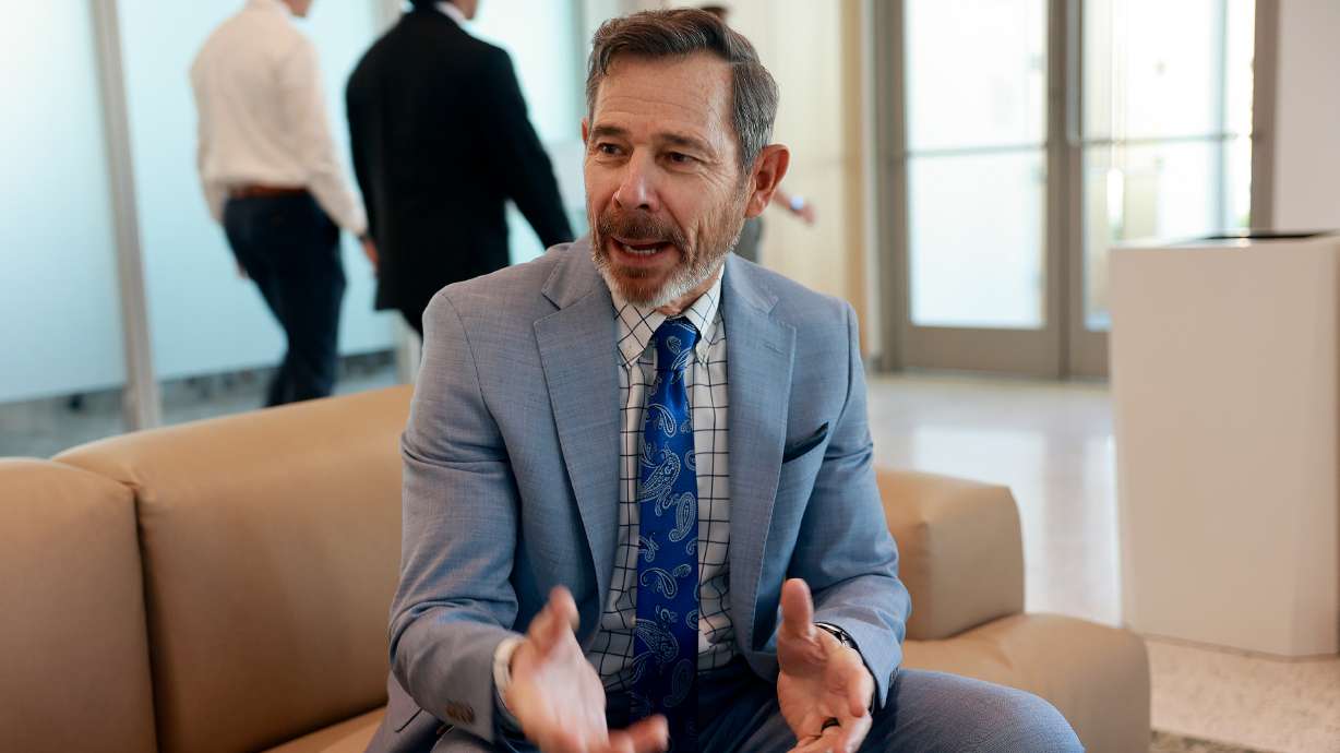 Sen. John Curtis, R-Utah, answers interview questions at the University of Utah’s Eccles School of Medicine building in Salt Lake City on Friday. Curtis said the U.S. still has a vested interest in promoting global health.