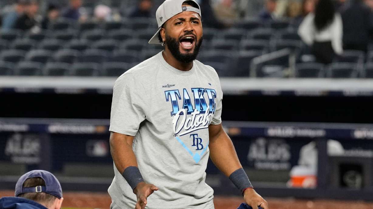 Tampa Bay Rays' Junior Caminero celebrates after the team's win in Game 3 of baseball's American League Division Series against the New York Yankees, Wednesday, Oct. 7, 2026, in New York.