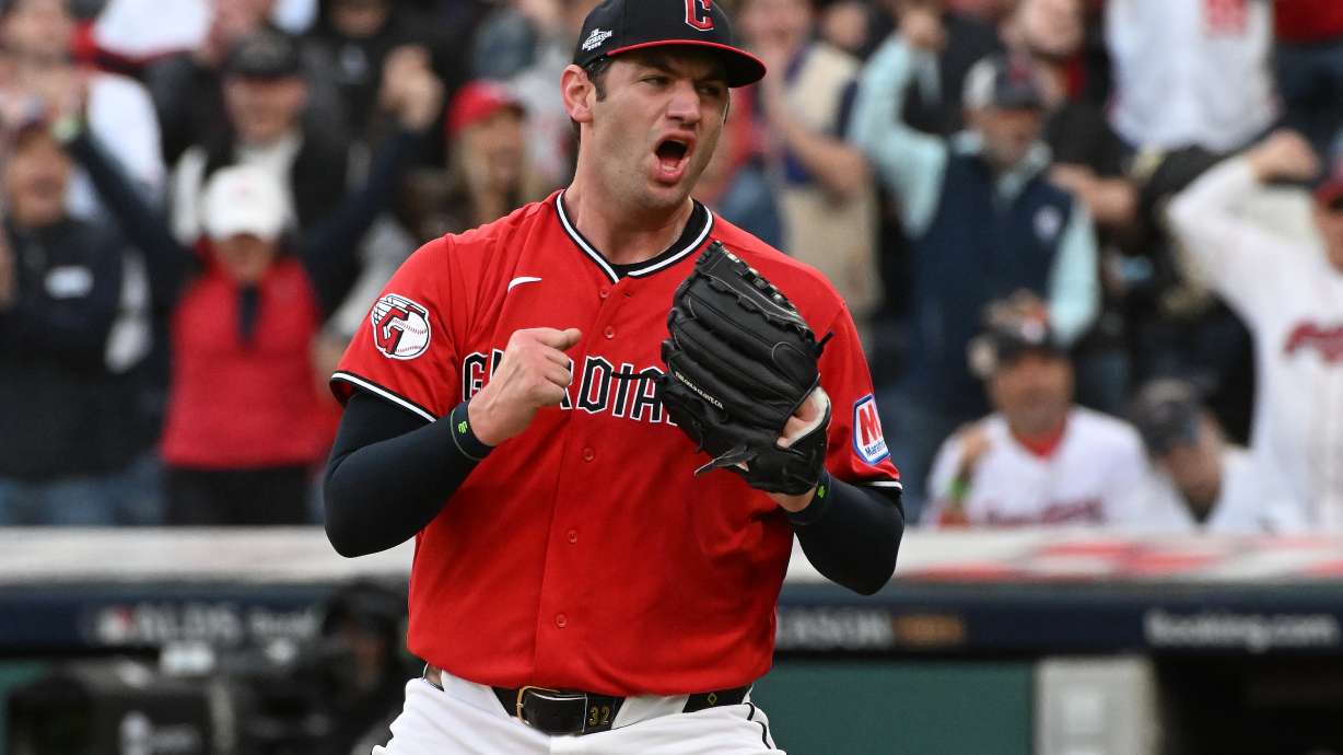 Cleveland Guardians starting pitcher Gavin Williams celebrates after completing the top of the fourth inning of Game 2 of baseball's American League Division Series against the Chicago White Sox, Monday, Oct. 5, 2026, in Cleveland.