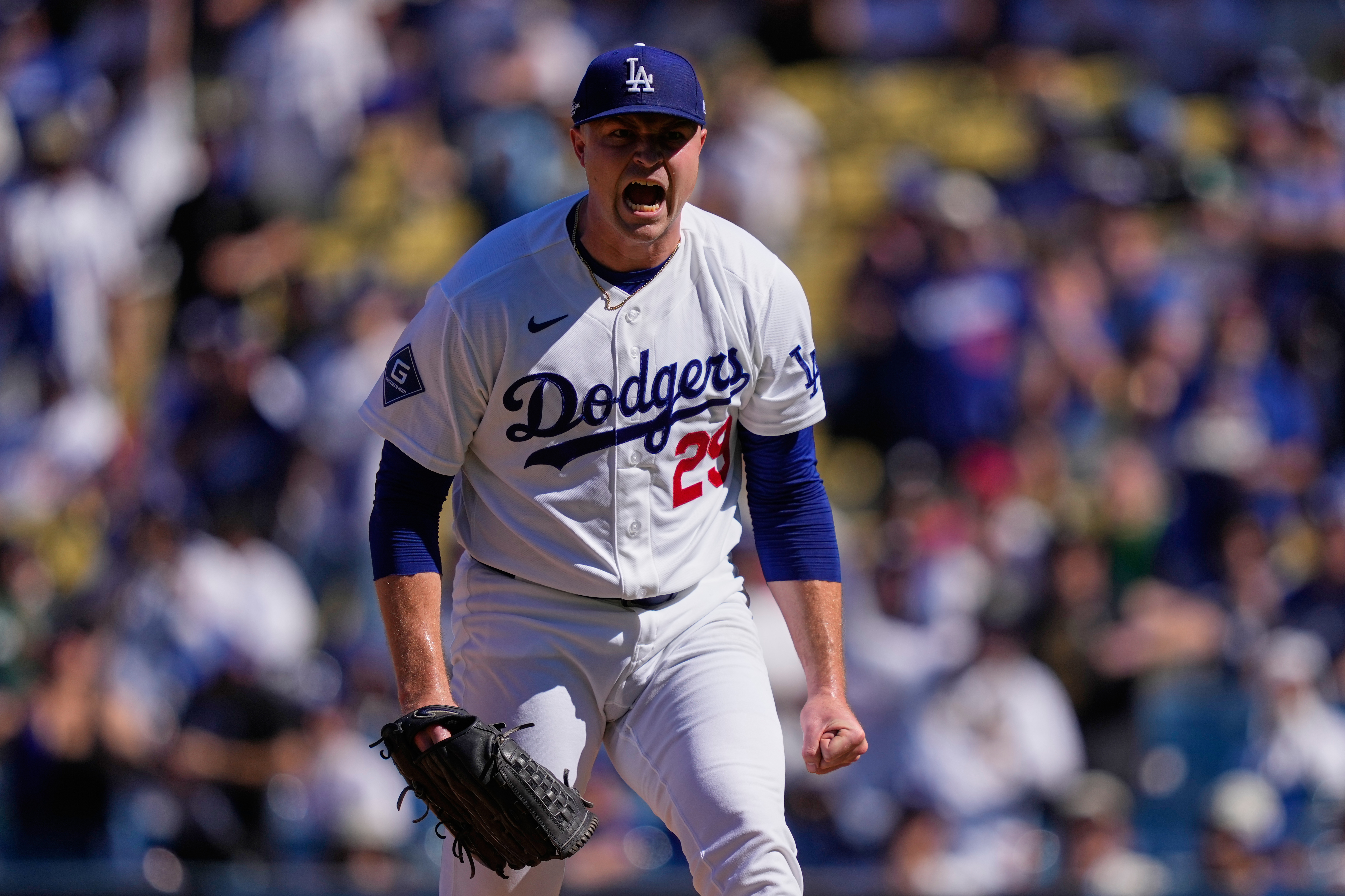 Los Angeles Dodgers starting pitcher Tarik Skubal celebrates after striking out Atlanta Braves' Austin Riley during the fifth inning of Game 1 of a National League Division Series baseball game Saturday, Oct. 3, 2026, in Los Angeles. 