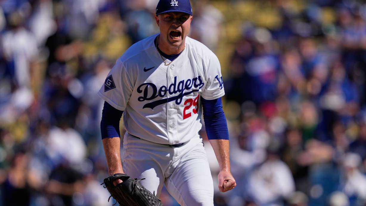Los Angeles Dodgers starting pitcher Tarik Skubal celebrates after striking out Atlanta Braves' Austin Riley during the fifth inning of Game 1 of a National League Division Series baseball game Saturday, Oct. 3, 2026, in Los Angeles.