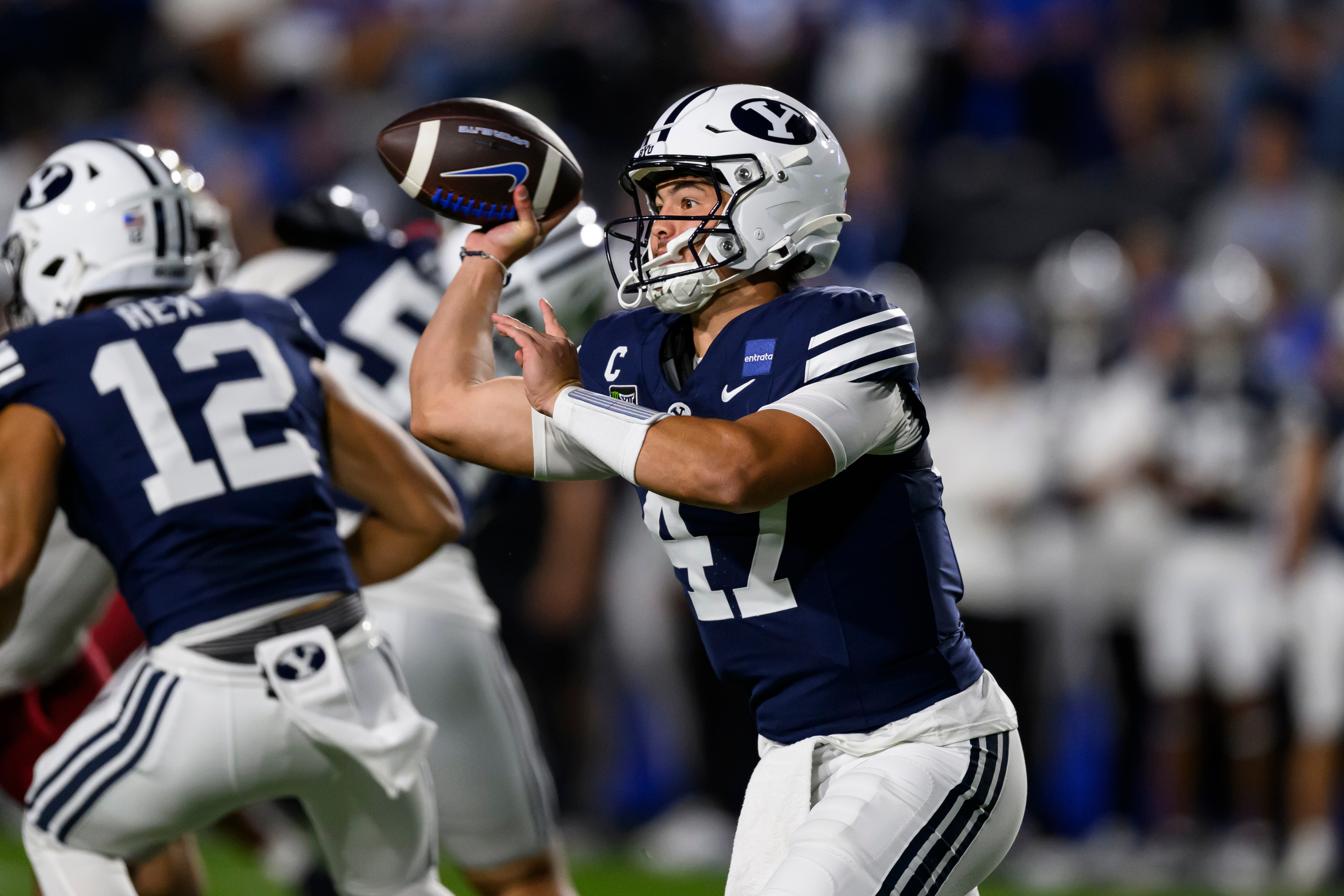 BYU quarterback Bear Bachmeier (47) looks to pass the ball during the first half of an NCAA college football game against Iowa State, Friday, Oct. 9, 2026, in Provo, Utah. 
