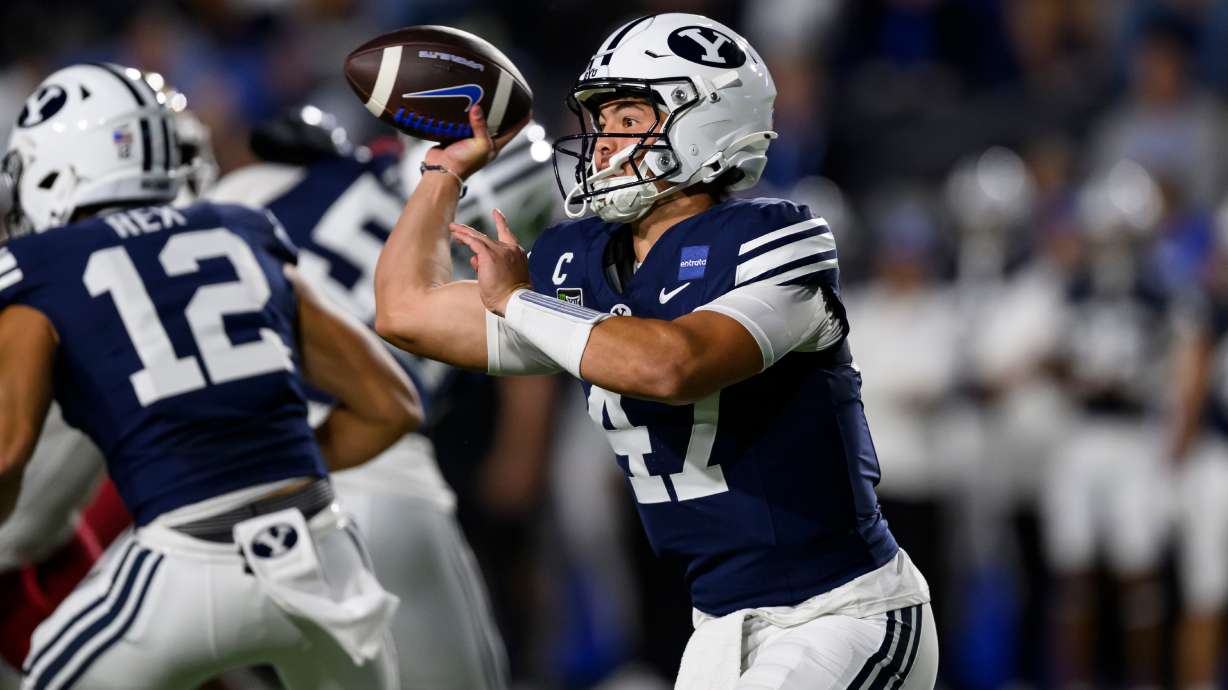 BYU quarterback Bear Bachmeier (47) looks to pass the ball during the first half of an NCAA college football game against Iowa State, Friday, Oct. 9, 2026, in Provo, Utah.