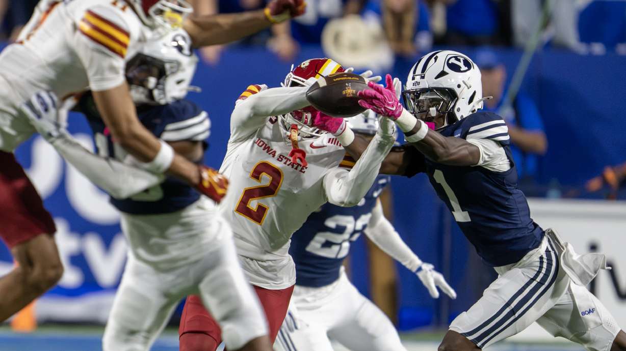 BYU cornerback Therrian Alexander (1) knocks down a pass to Iowa State Cyclones wide receiver Cody Jackson (2) as BYU and Iowa State play at LaVell Edwards Stadium in Provo on Friday, Oct. 9, 2026.
