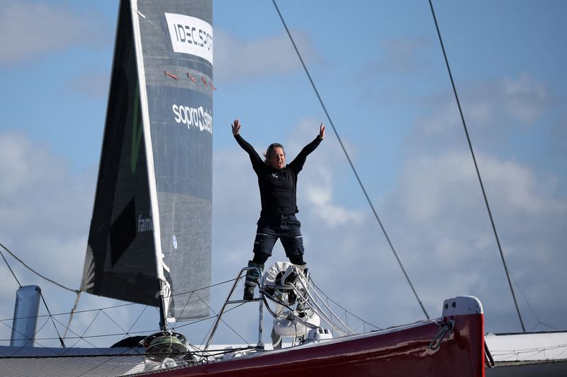 French skipper Alexia Barrier poses aboard her Ultim trimaran during a training sail off Brest, France, October 1, 2026, as she prepares to become the first woman to race an Ultim multihull, a 32-metre trimaran, in the Route du Rhum transatlantic race in November.