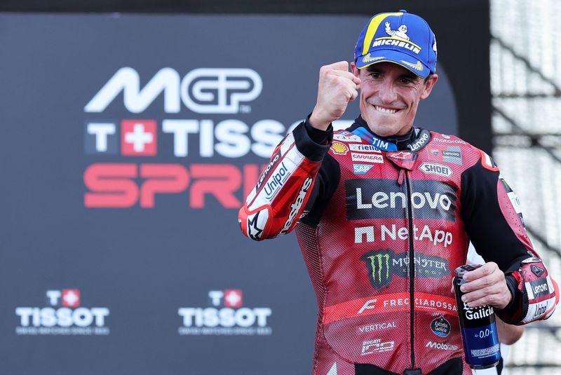 MotoGP - Indonesian Grand Prix - Mandalika International Street Circuit, Mandalika, Indonesia - October 10, 2026 Ducati Lenovo Team's Marc Marquez celebrates after winning the sprint race