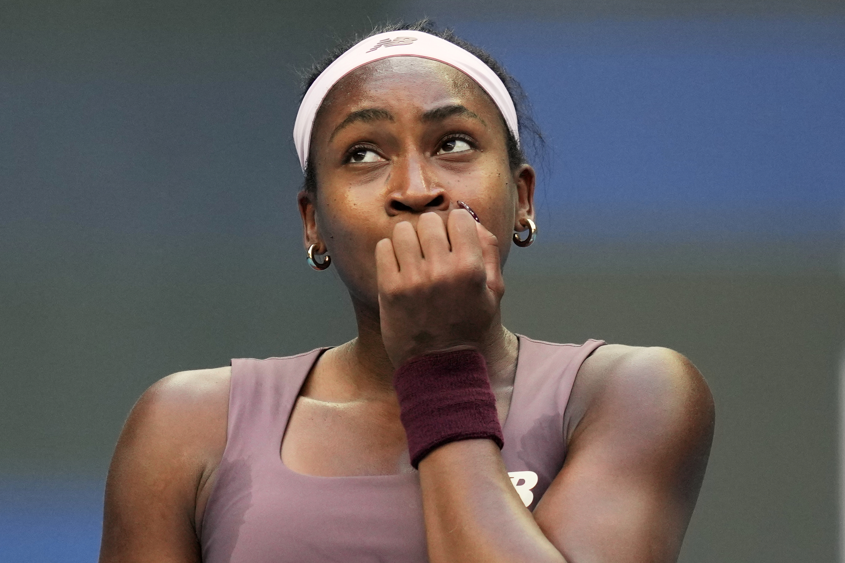 Coco Gauff of the United States reacts during play against Elise Mertens of Belgium in the fourth round of the women's singles match at the China Open tennis tournament in Beijing, Wednesday, Oct. 7, 2026. 