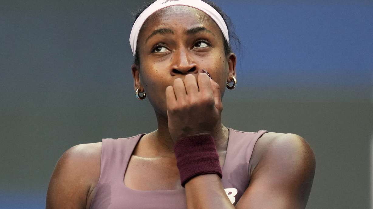 Coco Gauff of the United States reacts during play against Elise Mertens of Belgium in the fourth round of the women's singles match at the China Open tennis tournament in Beijing, Wednesday, Oct. 7, 2026.