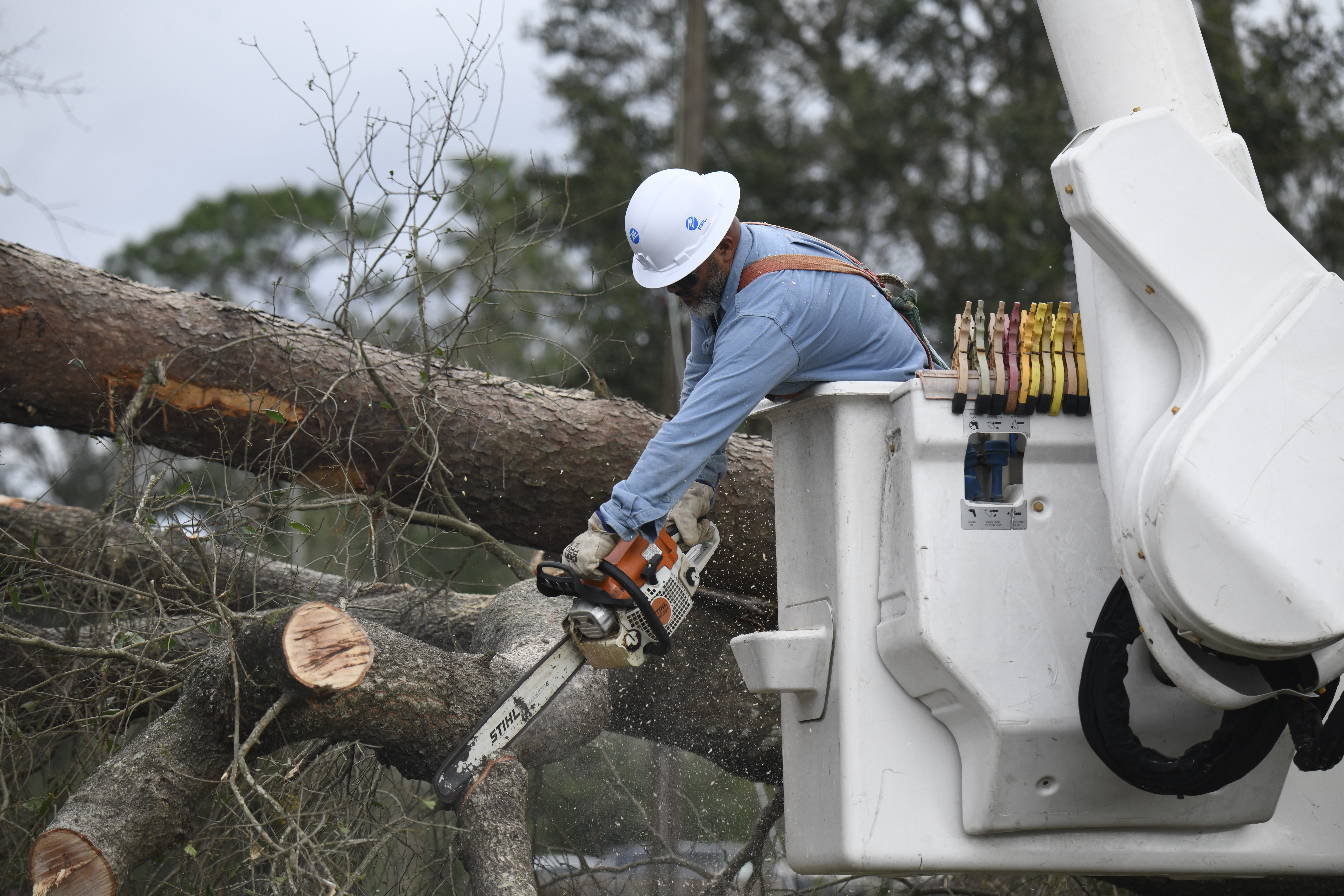 Florida Power & Light worker Yosvany Quintero clears downed tree limbs caused by the effects of Hurricane Isaias on Saturday, in East Milton, Fla. The storm is responsible for four deaths.