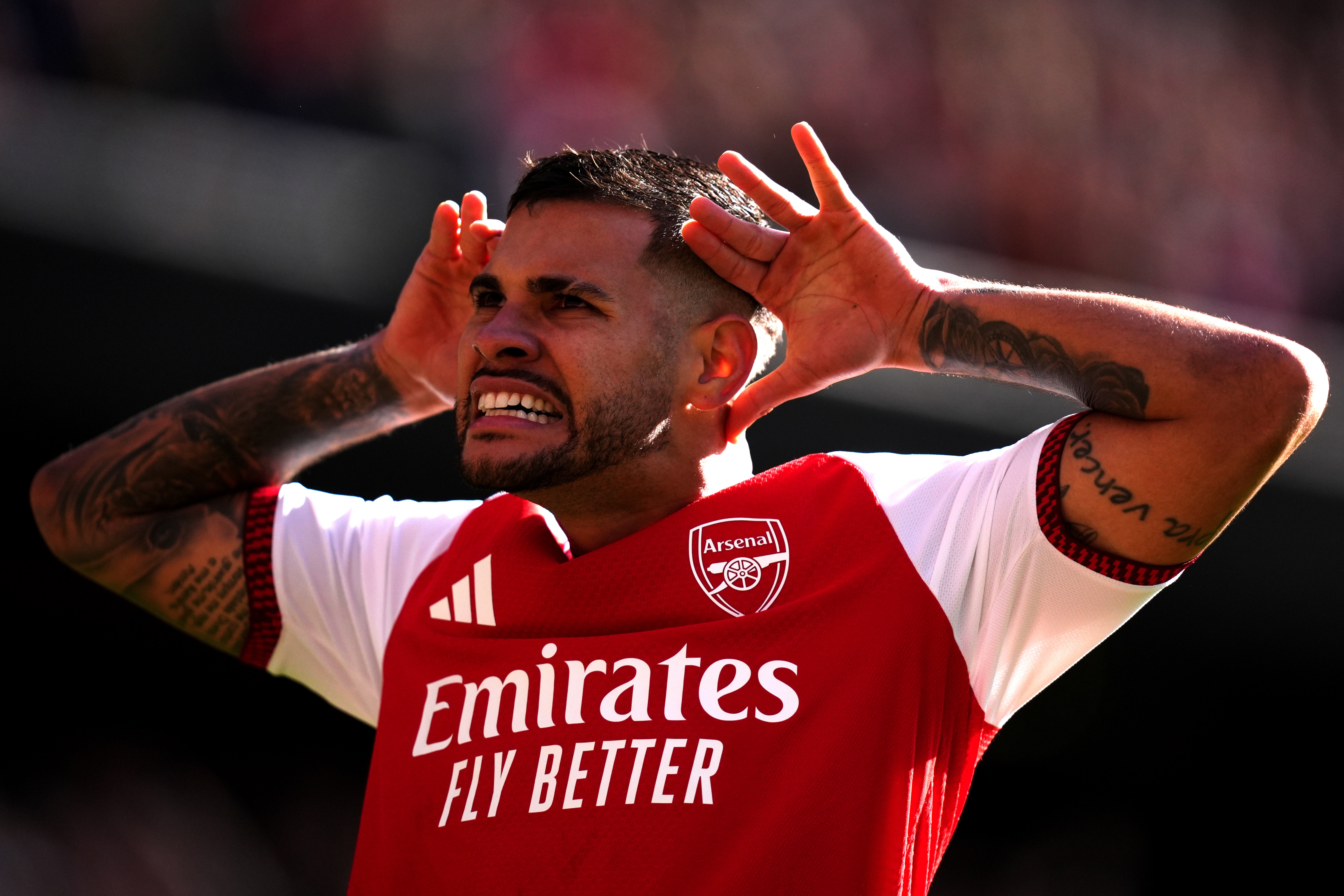 Arsenal's Bruno Guimaraes celebrates scoring his side's second goal during the English Premier League soccer match between Arsenal and Leeds United in London, Saturday, Oct. 10, 2026. 
