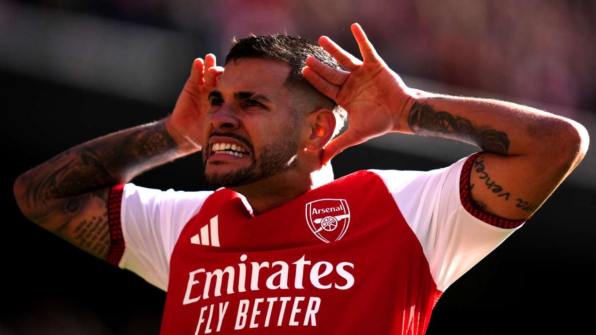 Arsenal's Bruno Guimaraes celebrates scoring his side's second goal during the English Premier League soccer match between Arsenal and Leeds United in London, Saturday, Oct. 10, 2026.