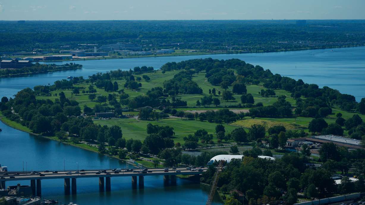 The East Potomac Park Golf Course is seen from the Washington Monument, Tuesday, Sept. 15, 2026, in Washington.