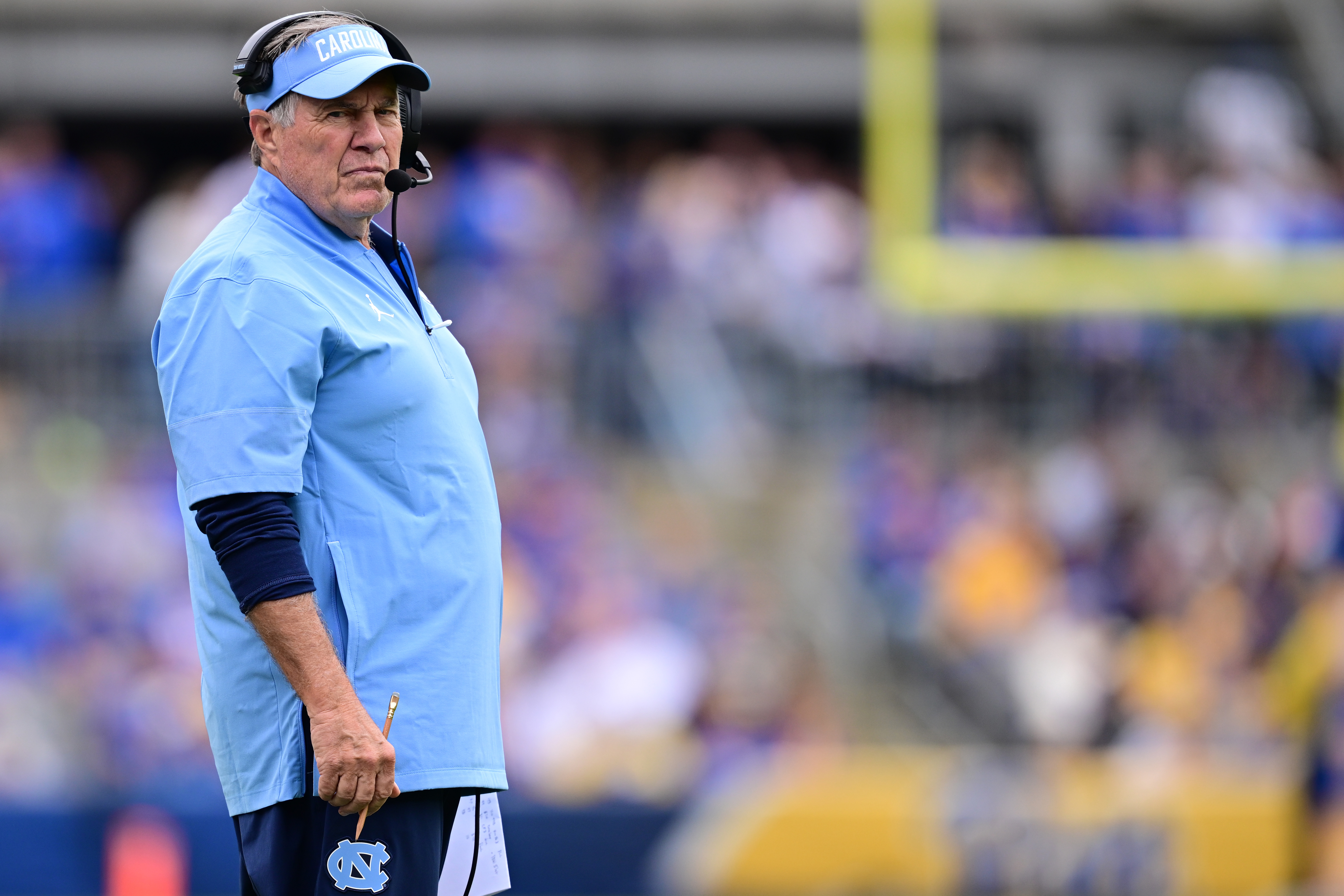 North Carolina head coach Bill Belichick stands on the sideline during the first half of an NCAA college football game against Pittsburgh, Saturday, Oct. 10, 2026, in Pittsburgh. 