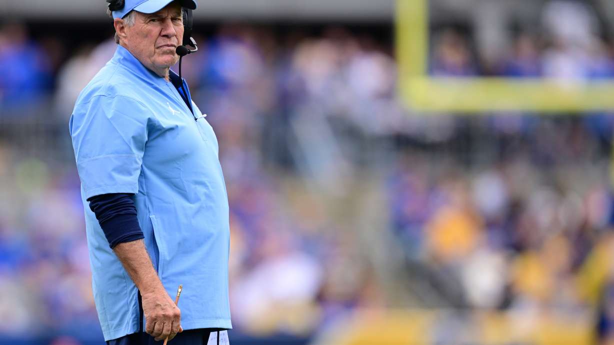 North Carolina head coach Bill Belichick stands on the sideline during the first half of an NCAA college football game against Pittsburgh, Saturday, Oct. 10, 2026, in Pittsburgh.