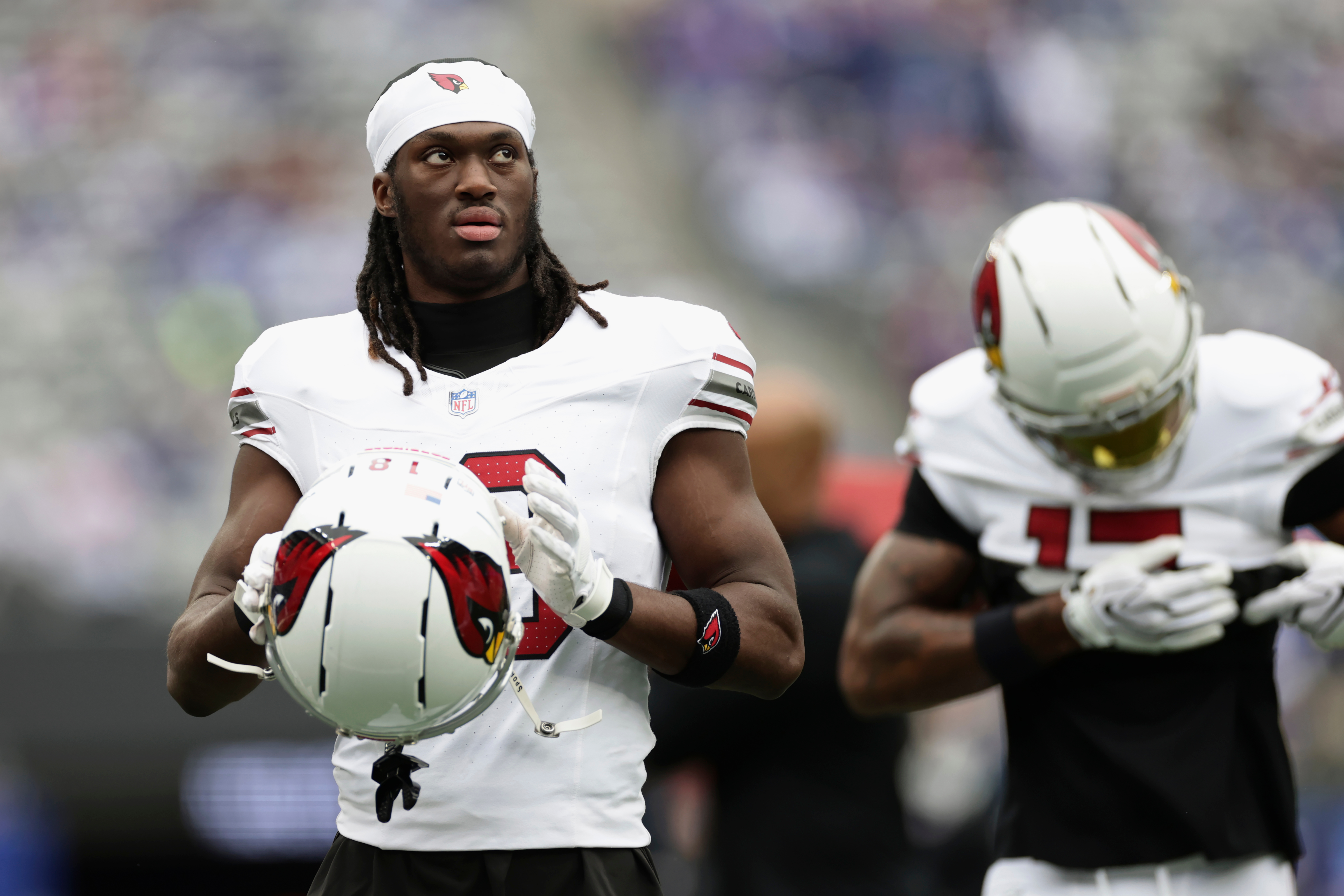 Arizona Cardinals wide receiver Marvin Harrison Jr. pauses on the field prior to an NFL football game against the New York Giants, in East Rutherford, N.J., Sunday, Oct. 4, 2026. 