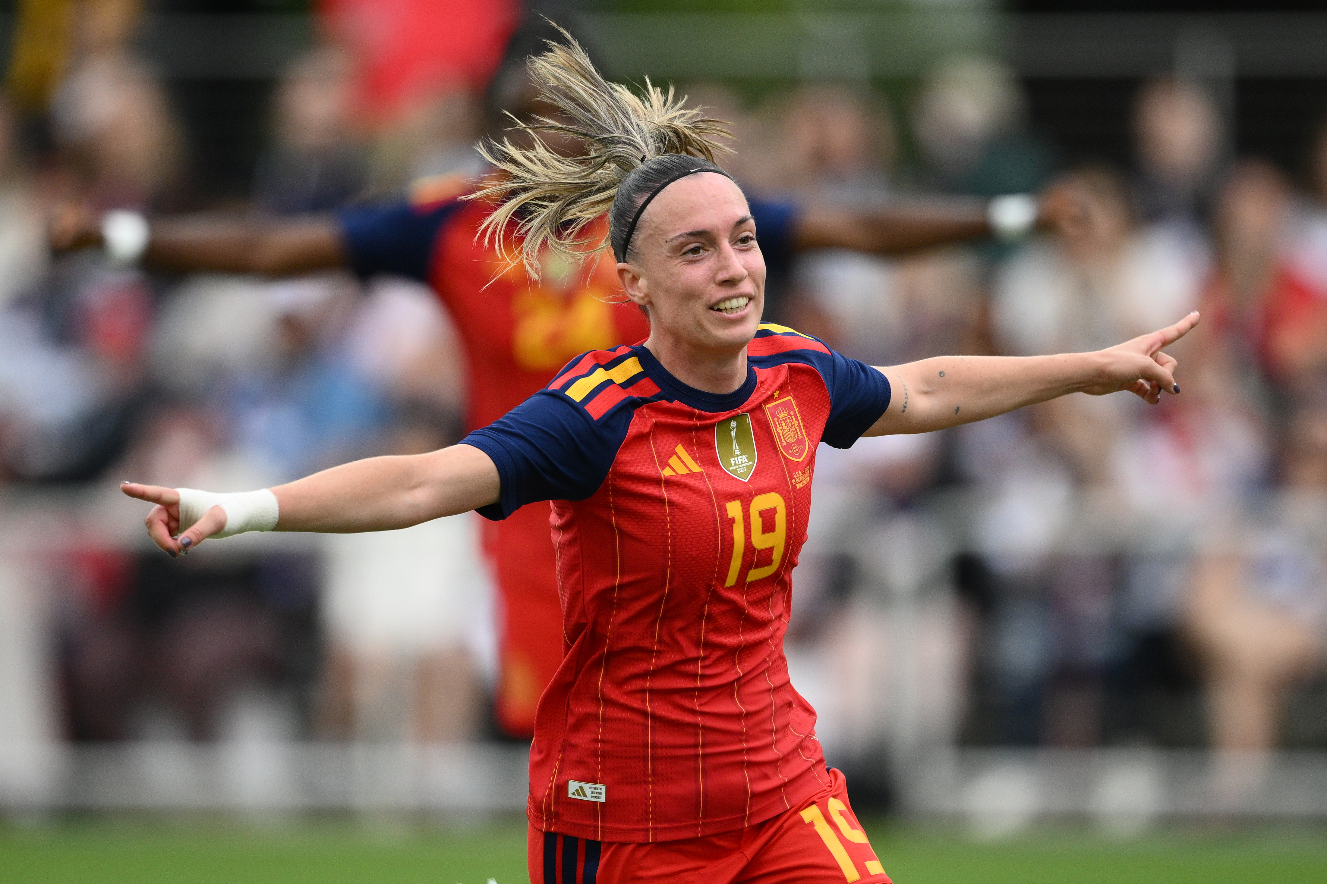 Spain forward Eva Navarro celebrates her goal during the first half of an international friendly soccer match against the United States, Saturday, Oct. 10, 2026, in Washington. 