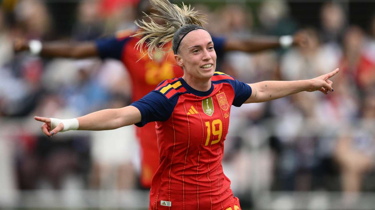 Spain forward Eva Navarro celebrates her goal during the first half of an international friendly soccer match against the United States, Saturday, Oct. 10, 2026, in Washington.