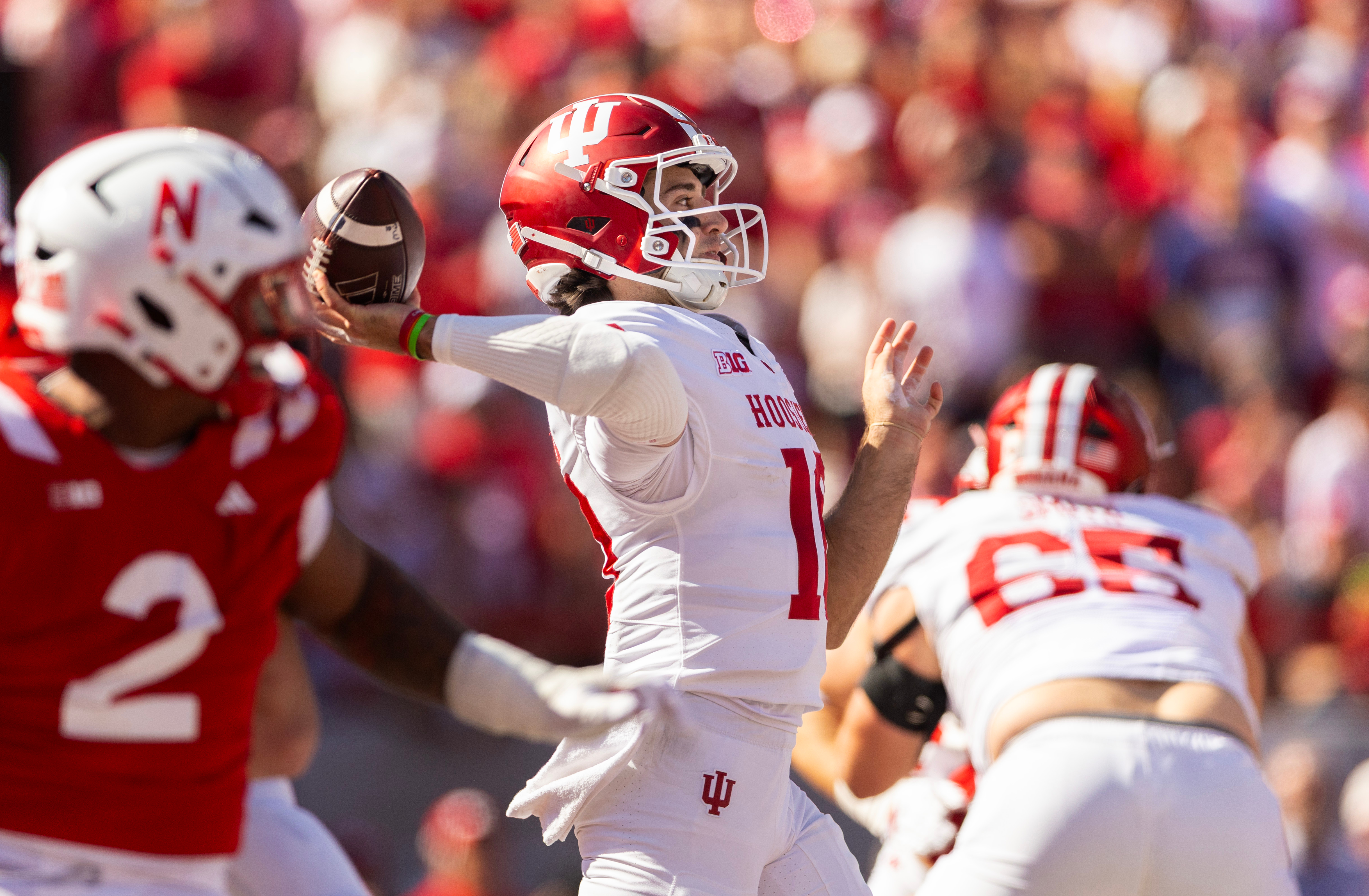 Indiana quarterback Josh Hoover (10) throws a pass during the second half of an NCAA college football game against Nebraska, Saturday, Oct. 10, 2026, in Lincoln, Neb. 