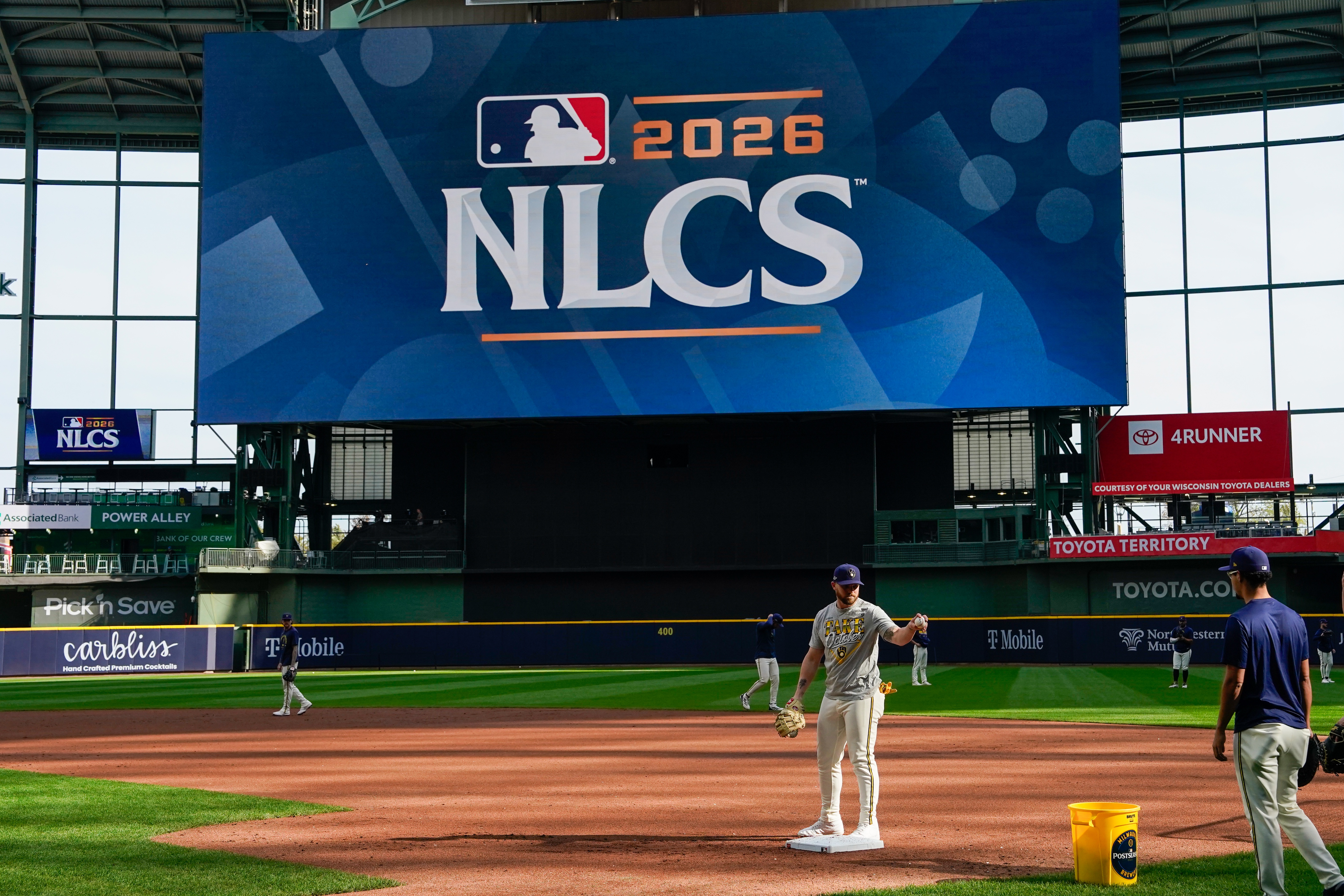 Milwaukee Brewers first baseman Jake Bauers practices ahead of Game 1 of baseball's National League Championship Series between the Milwaukee Brewers and the Los Angeles Dodgers, Saturday, Oct. 10, 2026, in Milwaukee. 