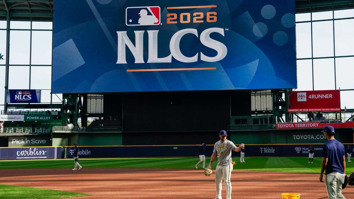Milwaukee Brewers first baseman Jake Bauers practices ahead of Game 1 of baseball's National League Championship Series between the Milwaukee Brewers and the Los Angeles Dodgers, Saturday, Oct. 10, 2026, in Milwaukee.