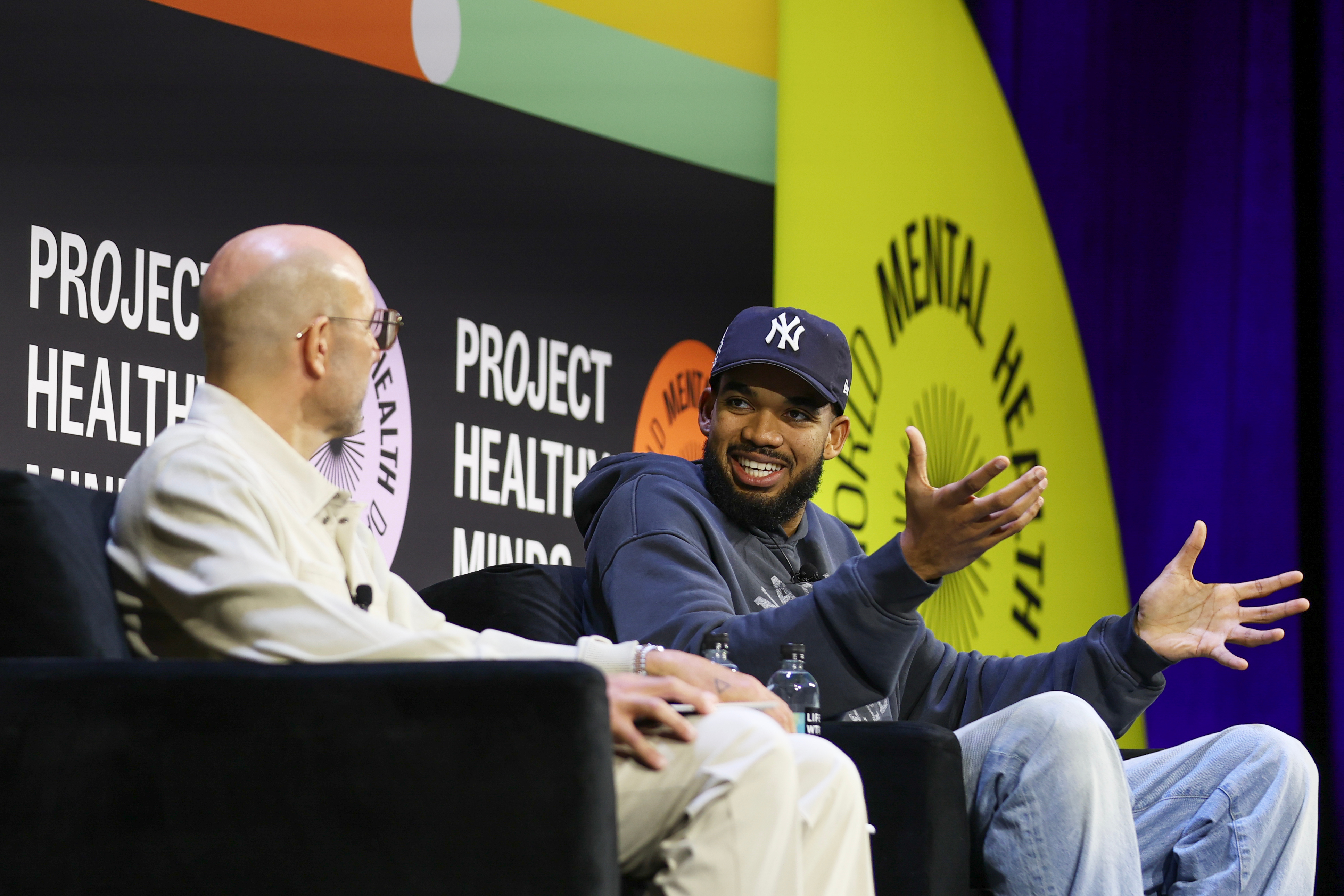 NBA player Karl-Anthony Towns of the New York Knicks sits for a discussion with Rich Kleiman at the Project Healthy Minds World Mental Health Day Festival, Saturday, Oct. 10, 2026, in New York. 