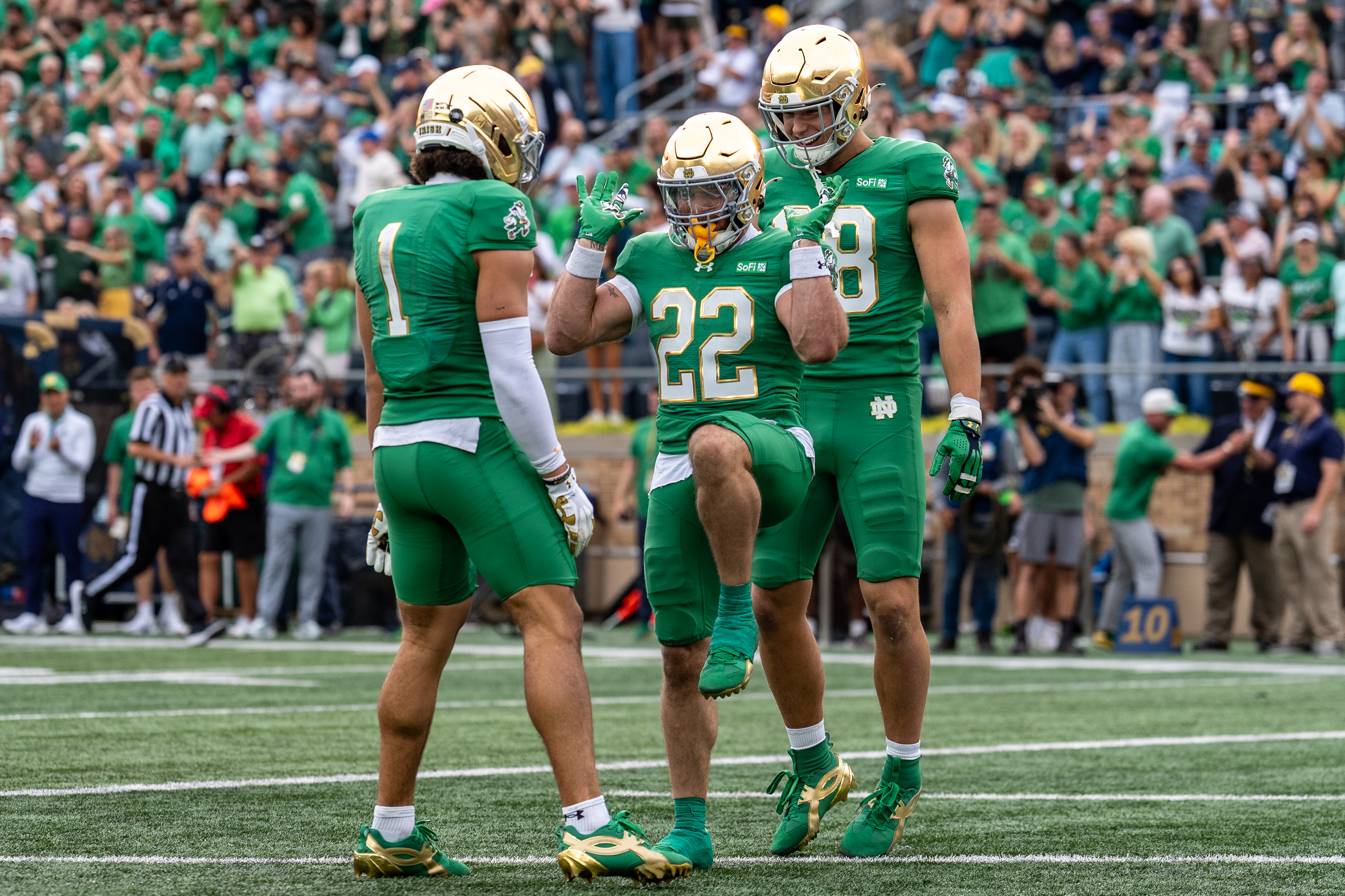 Notre Dame running back Aneyas Williams (22) celebrates scoring a touchdown during the first half of an NCAA college football game against Stanford, Saturday, Oct. 10, 2026, in South Bend, Ind. 