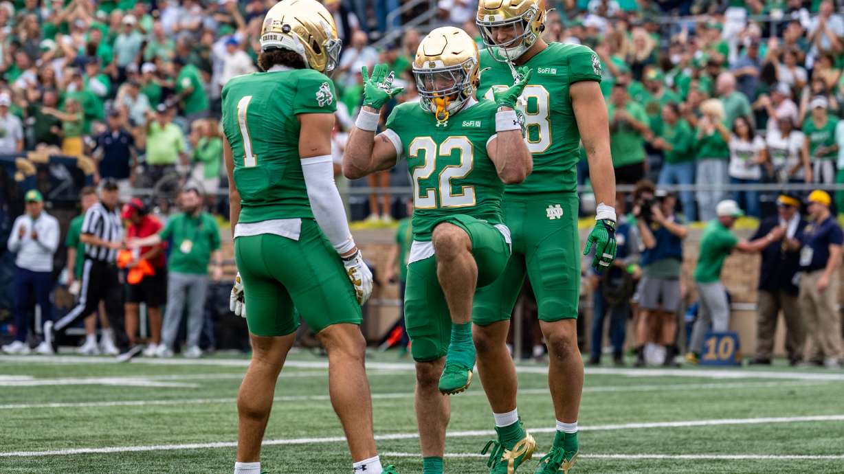 Notre Dame running back Aneyas Williams (22) celebrates scoring a touchdown during the first half of an NCAA college football game against Stanford, Saturday, Oct. 10, 2026, in South Bend, Ind.