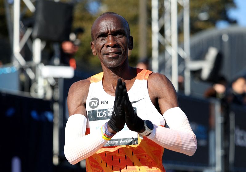 FILE PHOTO: Athletics - Sydney Marathon - Sydney, Australia - August 31, 2025 Kenya's Eliud Kipchoge reacts after the Sydney Marathon
