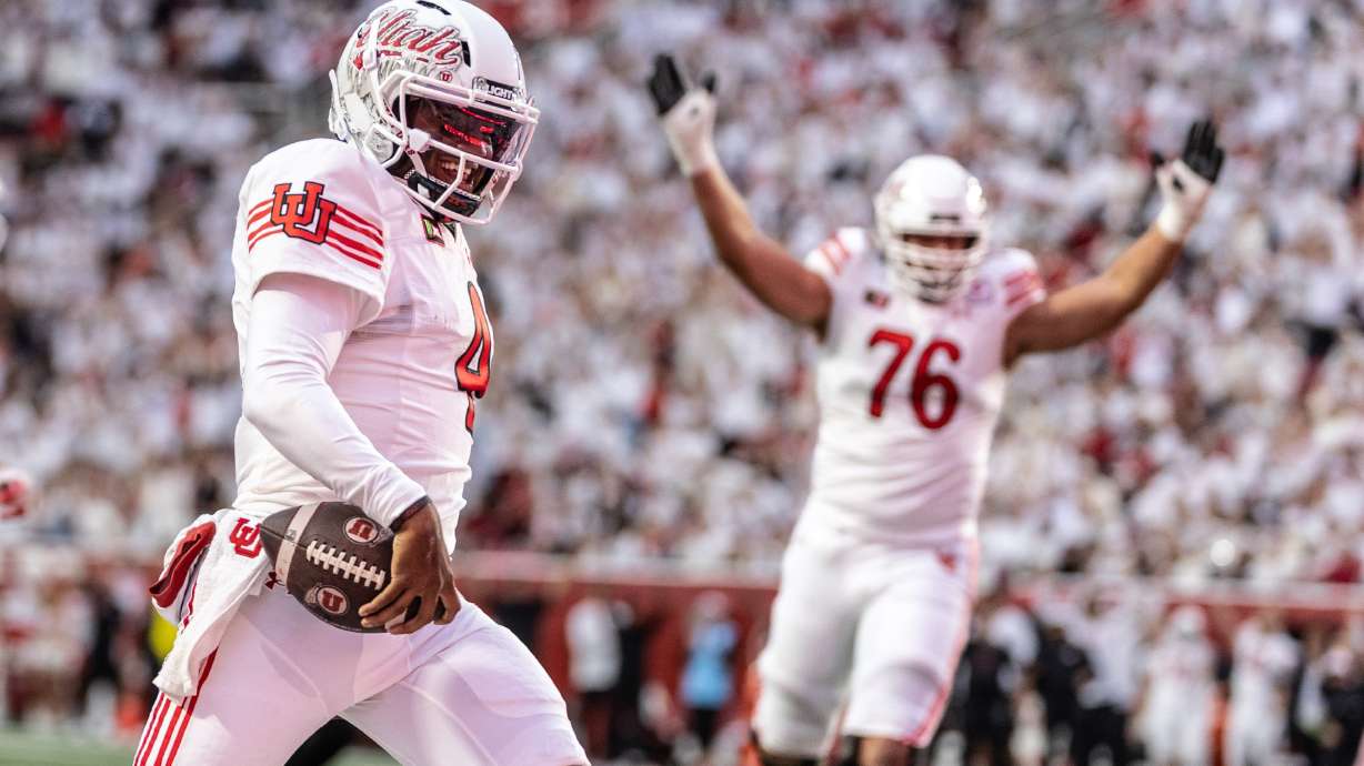 Utah Utes quarterback Devon Dampier (4) runs in for a touchdown during a game against Kansas at Rice-Eccles Stadium in Salt Lake City on Saturday, Oct. 10, 2026.