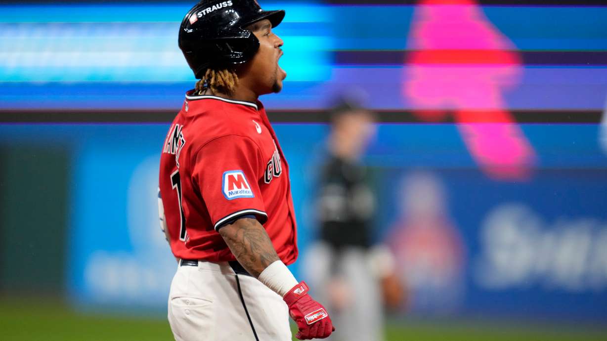 Cleveland Guardians third baseman José Ramírez celebrates after hitting a home run in the fourth inning of Game 5 of baseball's American League Division Series against the Chicago White Sox, Saturday, Oct. 10, 2026, in Cleveland.