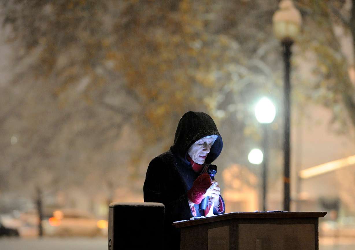 Pamela Atkinson gives the opening remarks as members of Fourth Street Clinic's consumer advocacy board host the Homeless Persons' Memorial and Candlelight Vigil at Pioneer Park on Dec. 19, 2013. Atkinson died on Saturday at the age of 93.