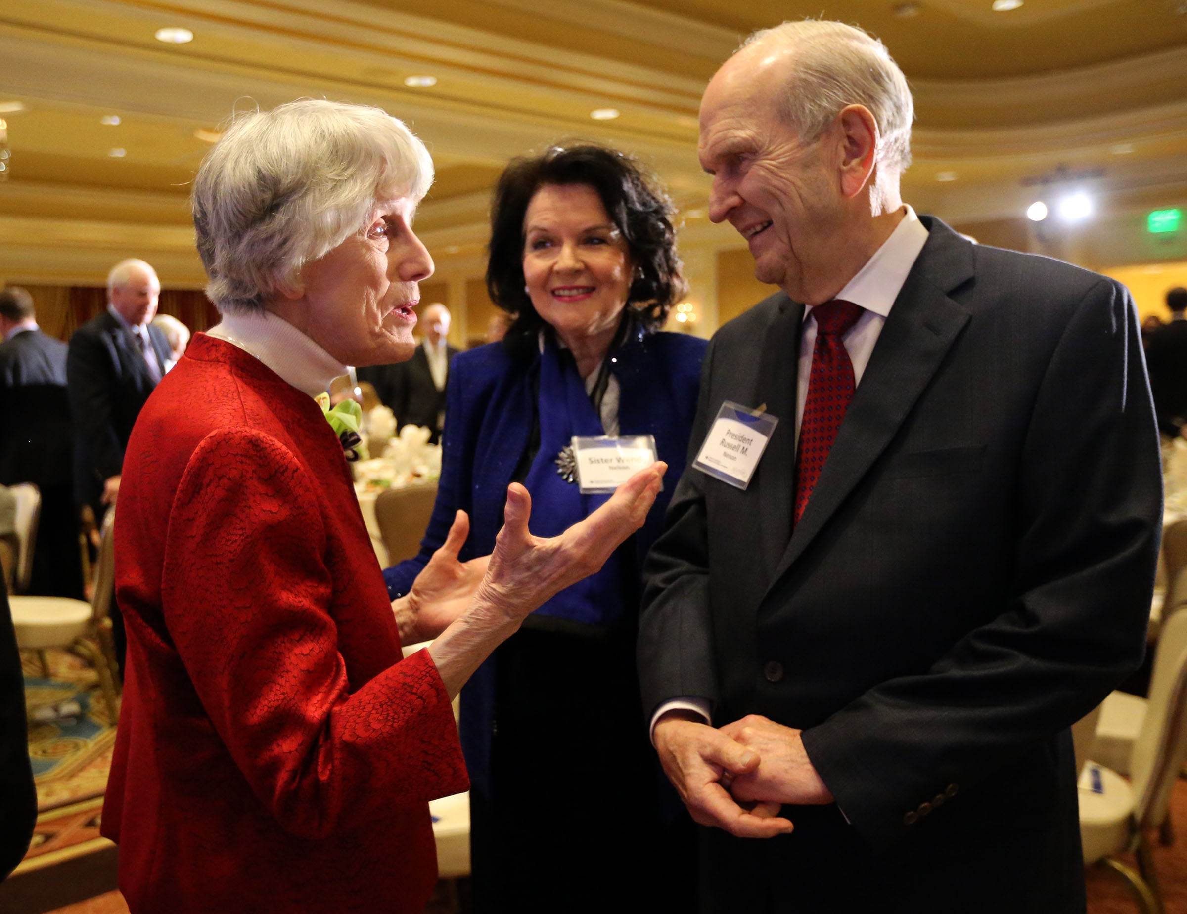Legacy of Life honoree Pamela Atkinson talks to Russell M. Nelson, then the president of the Quorum of the Twelve Apostles of The Church of Jesus Christ of Latter-day Saints, at the Legacy of Life Gala at Little America Hotel on March 30, 2017. Atkinson died on Saturday at the age of 93.
