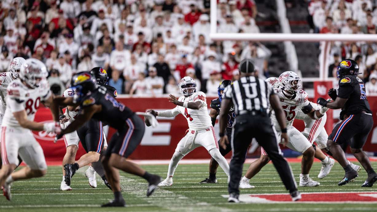 Utah Utes quarterback Devon Dampier (4) passes the ball during a game against Kansas at Rice-Eccles Stadium in Salt Lake City on Saturday, Oct. 10, 2026.
