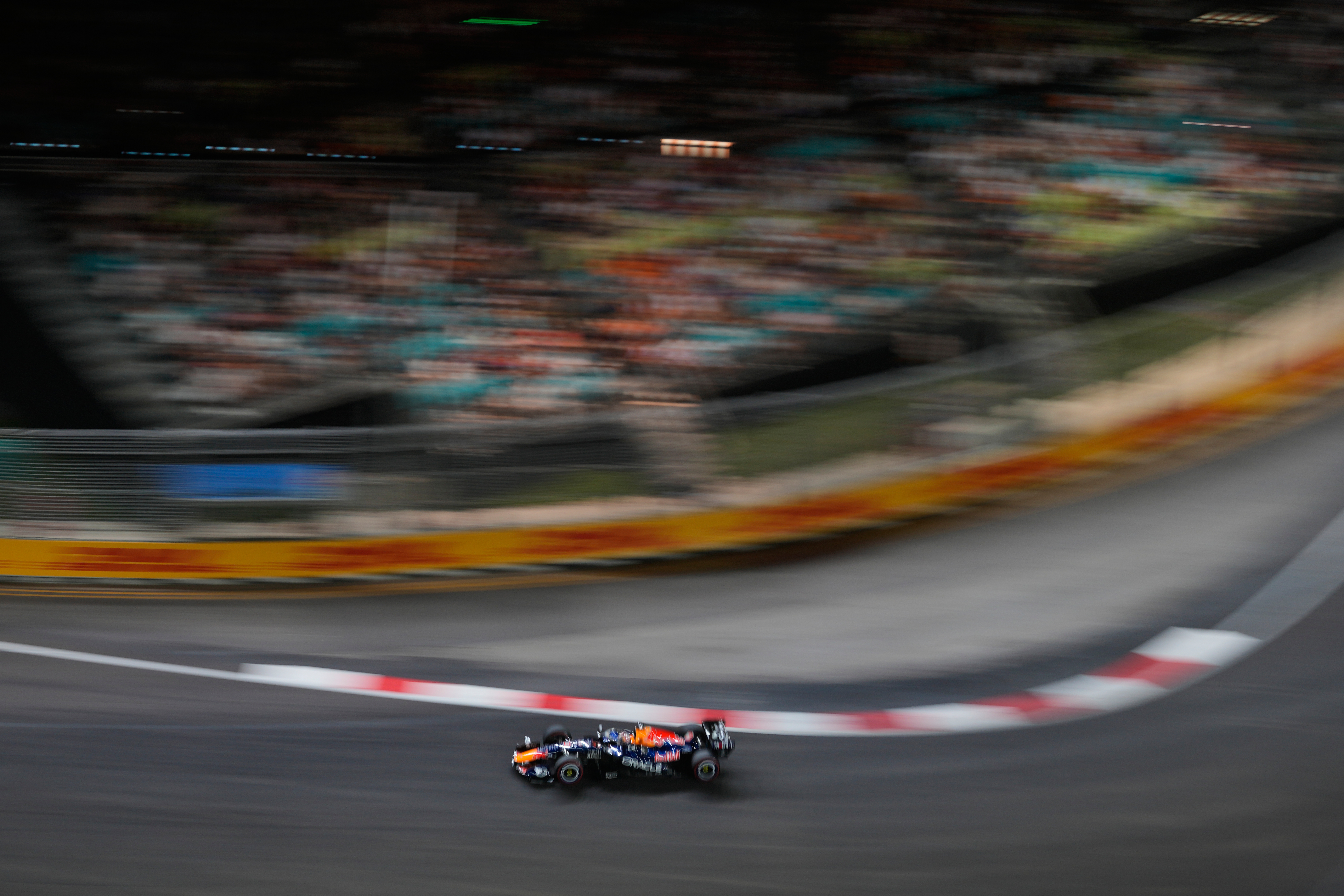 Red Bull driver Max Verstappen of the Netherlands steers his car during the qualifying session ahead of the Singapore Formula One Grand Prix in Singapore, Saturday, Oct. 10, 2026.