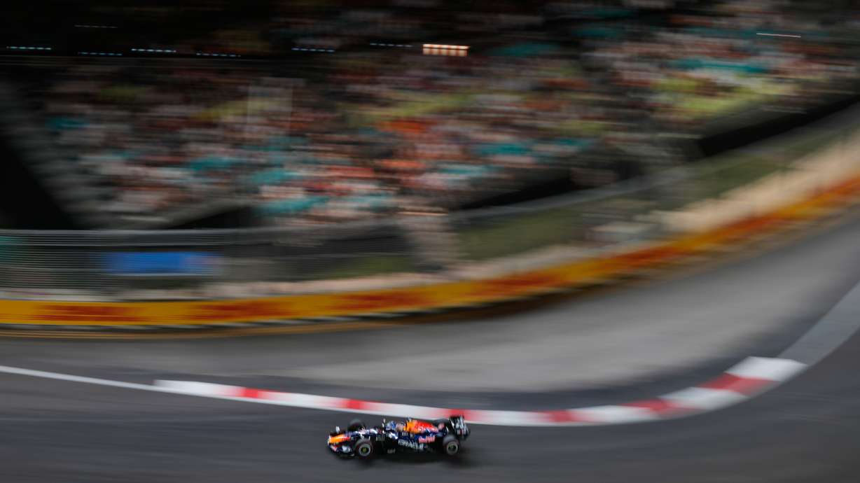 Red Bull driver Max Verstappen of the Netherlands steers his car during the qualifying session ahead of the Singapore Formula One Grand Prix in Singapore, Saturday, Oct. 10, 2026.