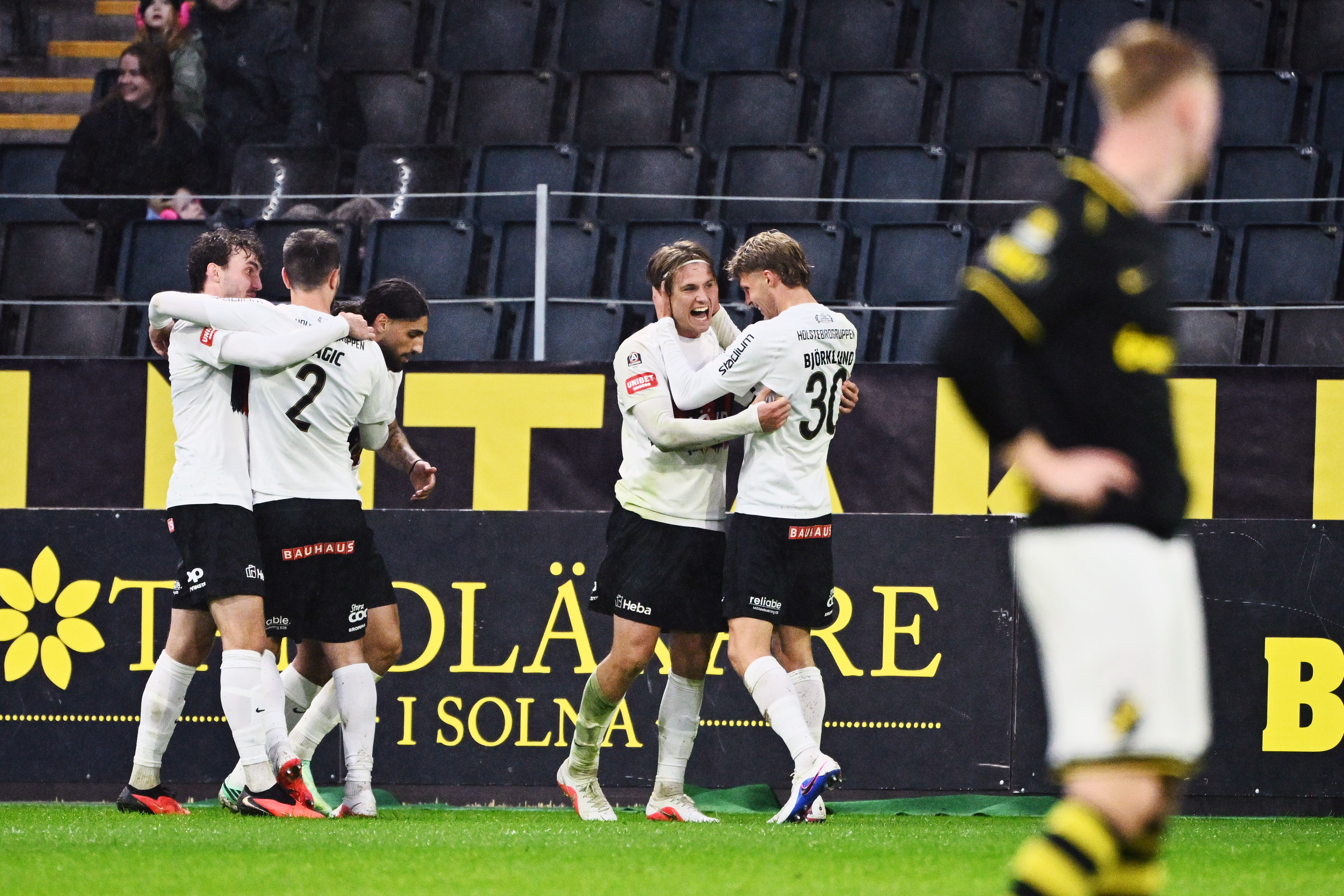 Brommapojkarna's players celebrate after Mads Kristian Hansen scored his side's sixth goal in the final minute during the Swedish Allsvenskan soccer match between AIK and IF Brommapojkarna in Stockholm, Sweden, Oct. 10, 2026. 