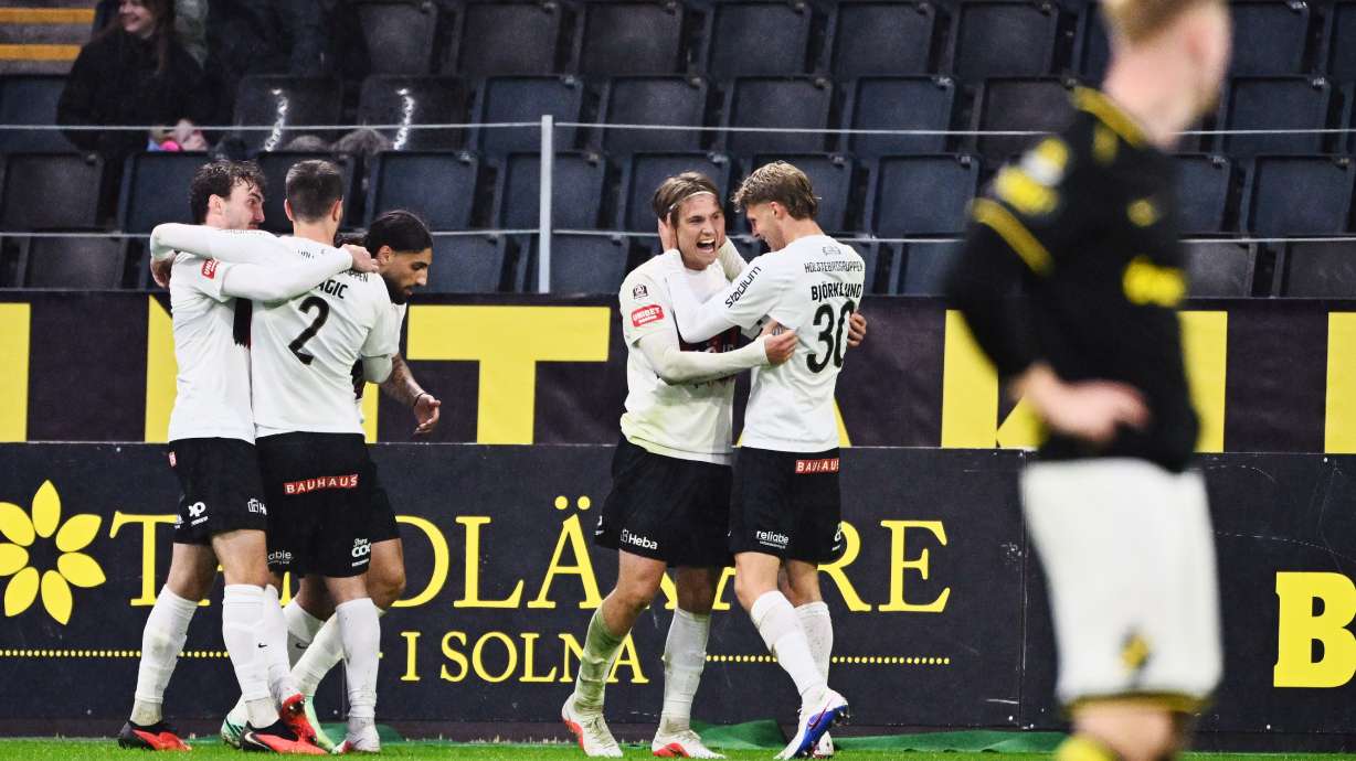 Brommapojkarna's players celebrate after Mads Kristian Hansen scored his side's sixth goal in the final minute during the Swedish Allsvenskan soccer match between AIK and IF Brommapojkarna in Stockholm, Sweden, Oct. 10, 2026.