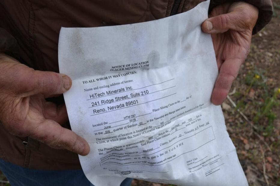 Katie Fite holds the paperwork found within a mining claim from Jindalee’s subsidiary HiTech Minerals in the McDermitt Caldera on May 4, 2025.