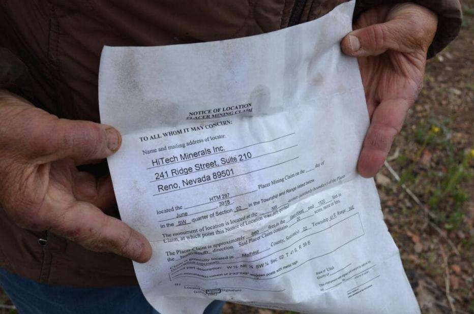 Katie Fite holds the paperwork found within a mining claim from Jindalee’s subsidiary HiTech Minerals in the McDermitt Caldera on May 4, 2025.