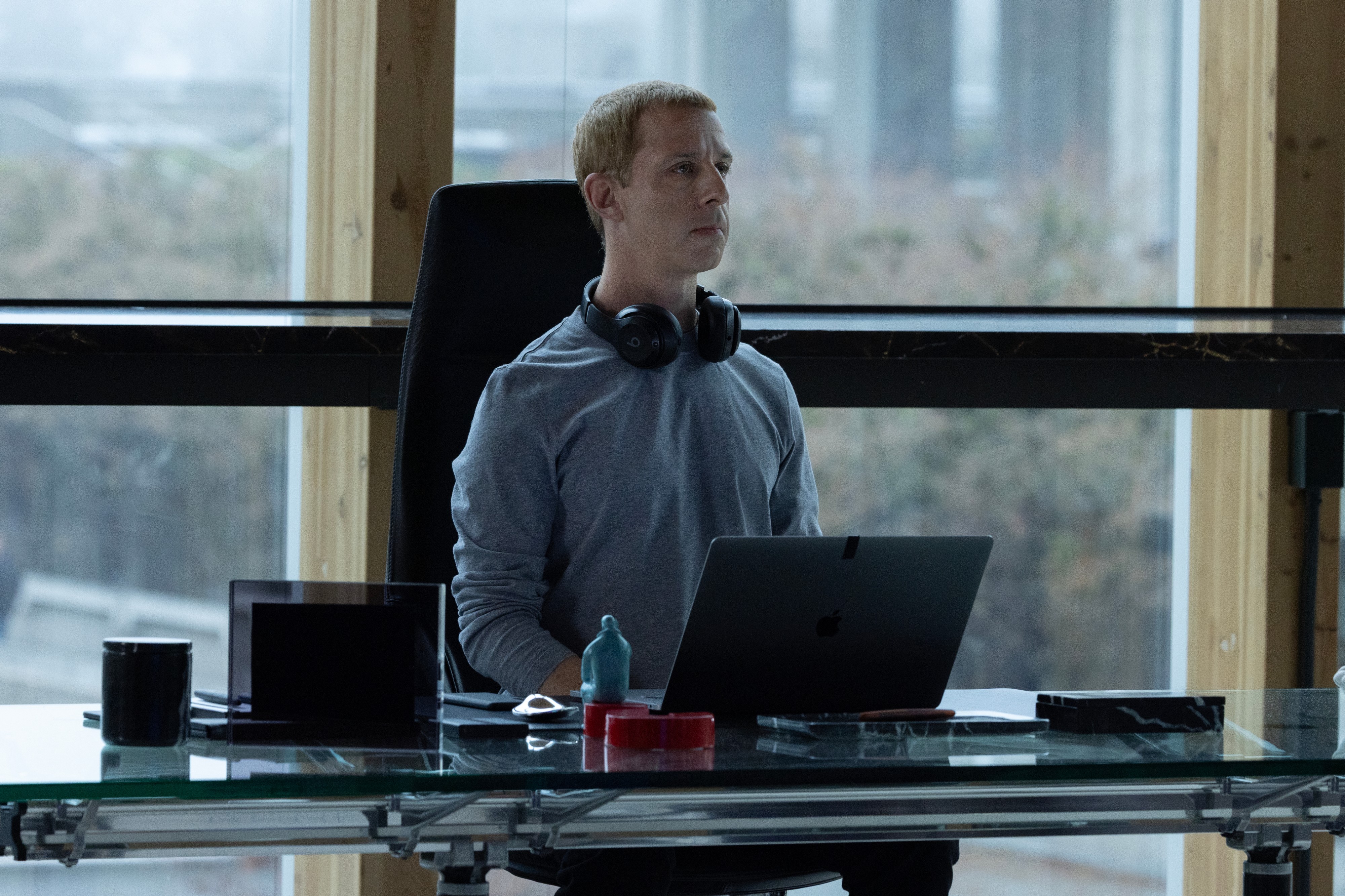 This image released by Sony Pictures shows Jeremy Strong as Mark Zuckerberg in a scene from "The Social Reckoning."