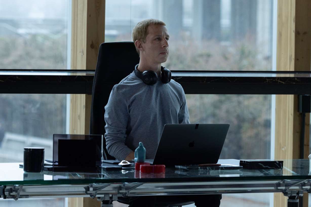 This image released by Sony Pictures shows Jeremy Strong as Mark Zuckerberg in a scene from "The Social Reckoning."